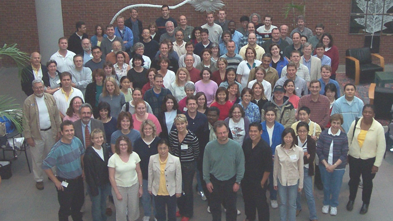 Class of 2002 group photo in the Bowdoin atrium